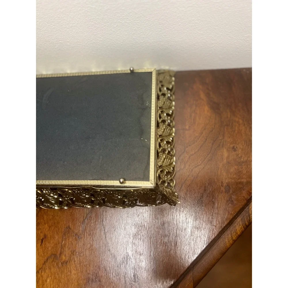 Vintage Mirror Vanity Tray Gold Filigree Metal Ornate Rectangular 16